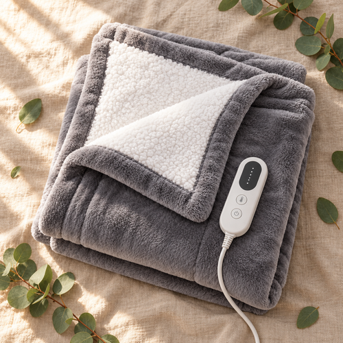 Cozora CloudWarm heated blanket in gray flannel with white sherpa lining and handheld controller