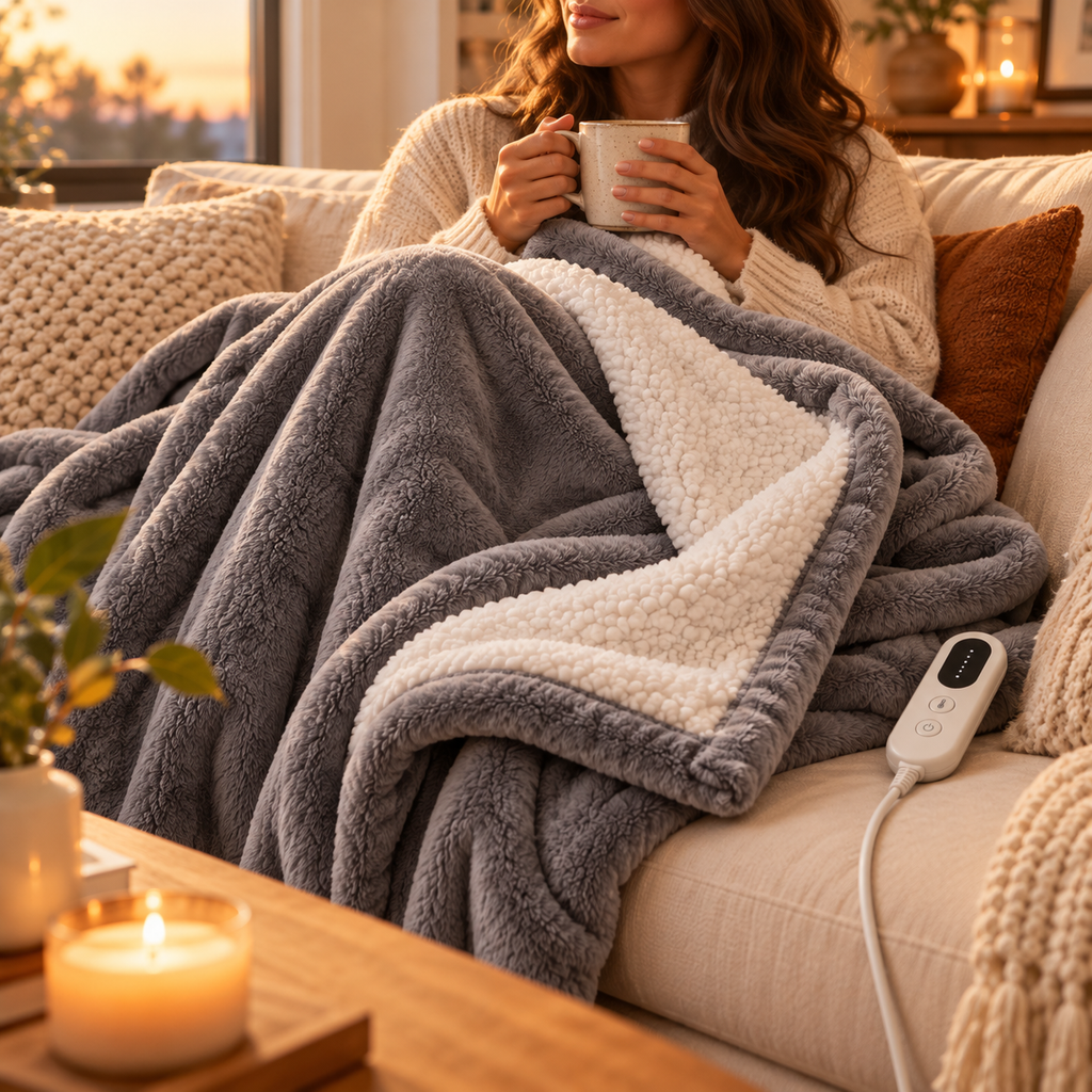 Woman relaxing on a sofa wrapped in the Cozora CloudWarm heated blanket