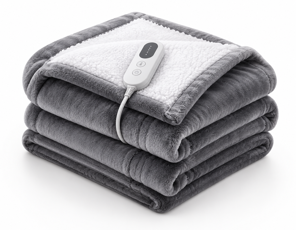 Folded Cozora heated blanket showing gray flannel, sherpa lining and controller cord