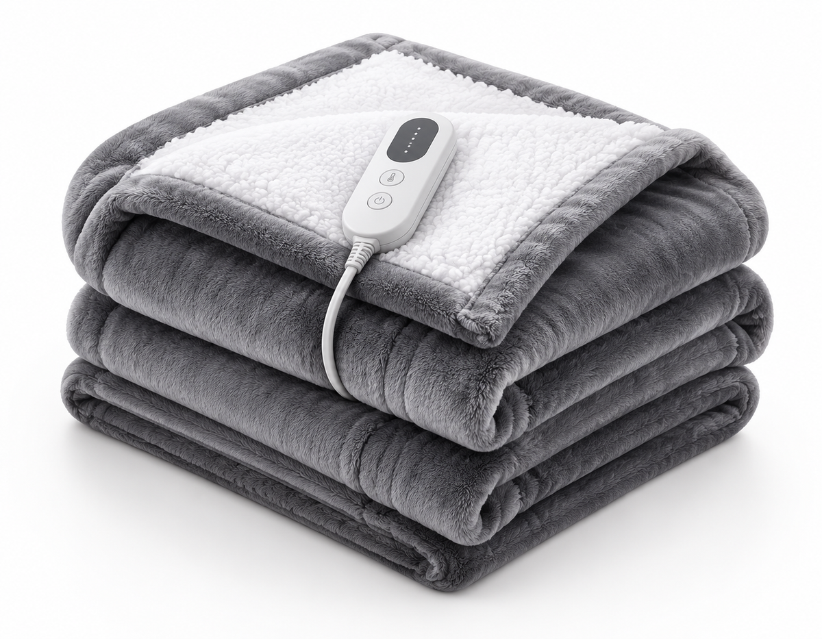 Folded Cozora heated blanket showing gray flannel, sherpa lining and controller cord